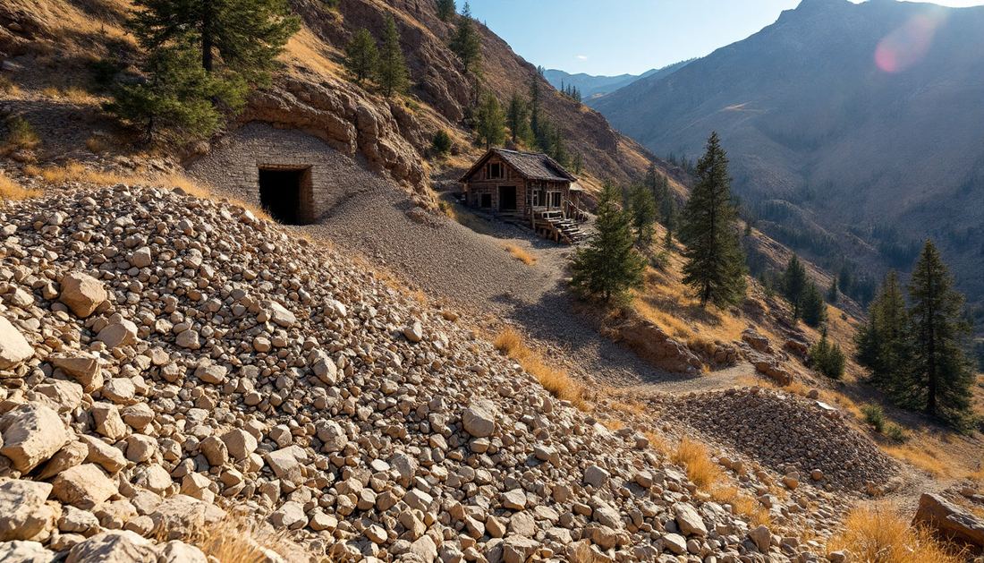 An old mine dump below a collapsed adit on a forested slope