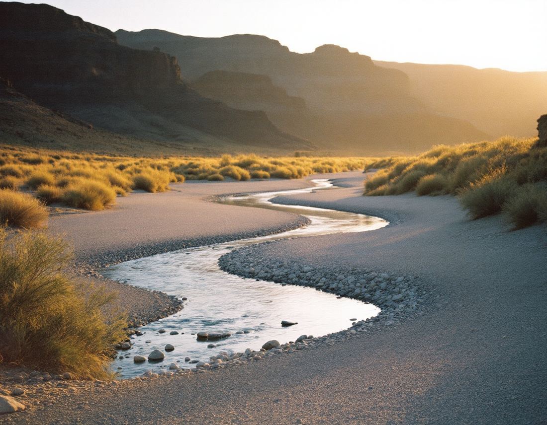 A desert gravel bar at low water, the inside bend stripped down to cobbles